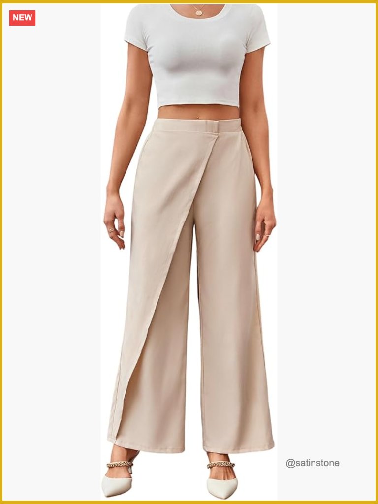 Wrap Front Wide Leg Palazzo Pants With Elastic Waist, Polyester Blend